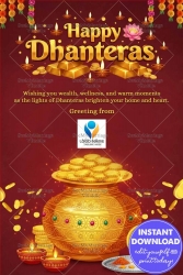 Golden Dhanteras Greeting Card with Coins, Kalash Symbolizing Prosperity and Light