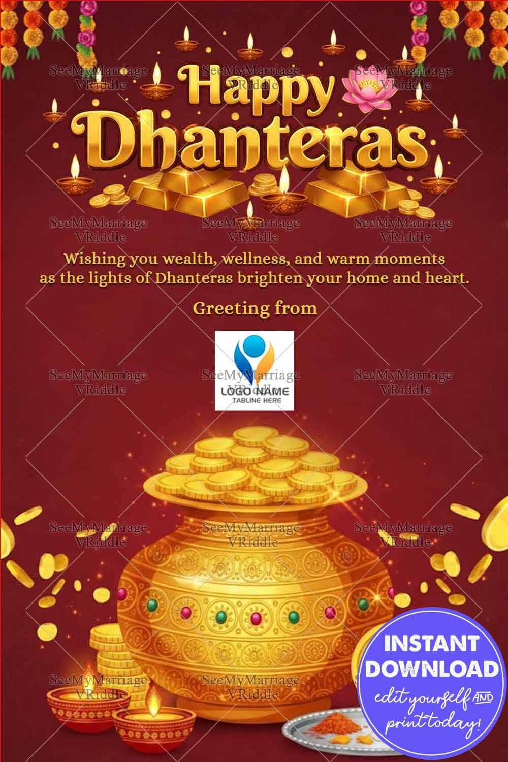 Golden Dhanteras Greeting Card with Coins, Kalash Symbolizing Prosperity and Light