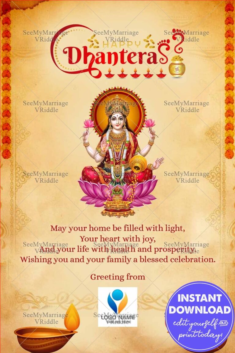 Lakshmi Dhanteras Greeting Card with Traditional Lamps, Golden Kalash and Floral Borders