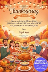 Family Feast Thanksgiving Gathering Card with Autumn Countryside Charm and a Bountiful Harvest Dinner Spread