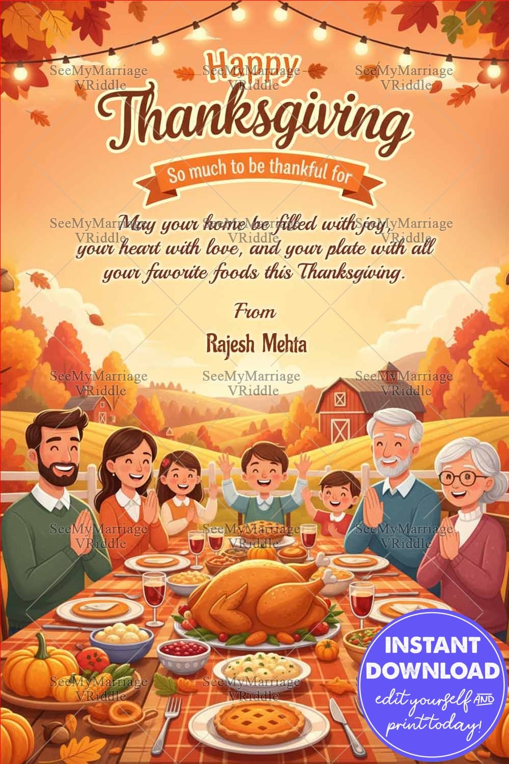 Family Feast Thanksgiving Gathering Card with Autumn Countryside Charm and a Bountiful Harvest Dinner Spread