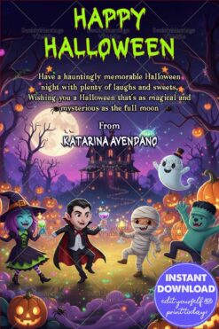Monster Party Halloween Night Greeting Card with Witch, Vampire, Mummy and Ghost Under a Magical Full Moon Sky