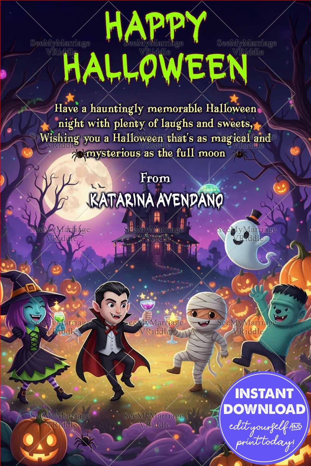 Monster Party Halloween Night Gathering Card with Witch, Vampire, Mummy and Ghost Under a Magical Full Moon Sky