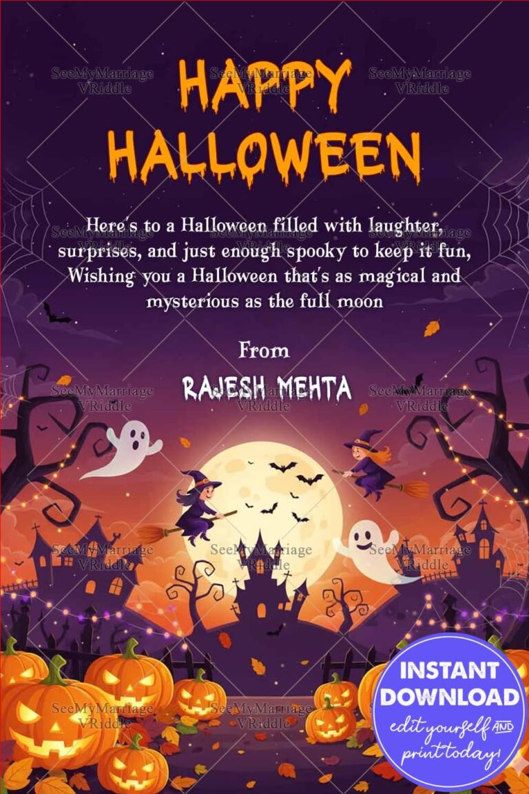Moon Halloween Greeting Card with Spooky Witches, Glowing Jack-o’-Lanterns and Playful Ghosts
