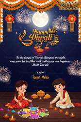 Charming Kids Diwali Greeting Card with Featuring Rangoli Art, Fireworks and Full Moon Night