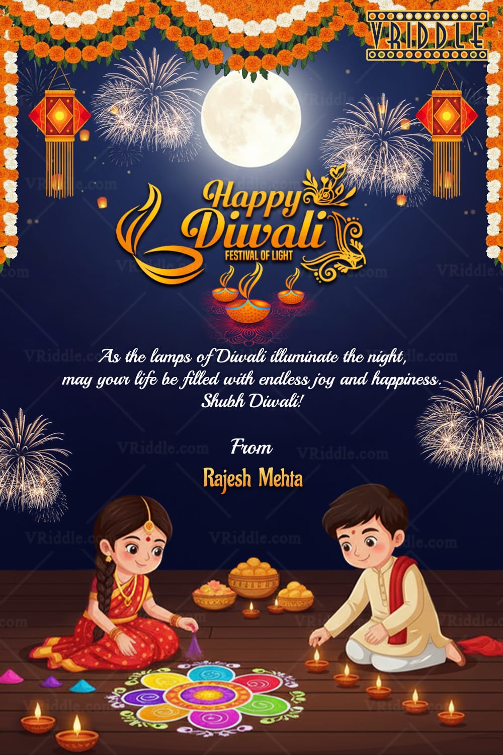 Charming Kids Diwali Greeting Card with Featuring Rangoli Art, Fireworks and Full Moon Night