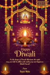 Divine Goddess Lakshmi Diwali Greeting Card with Golden Arch Frame, Marigold Garlands, Hanging Bells and Illuminated Diyas on Rangoli Background