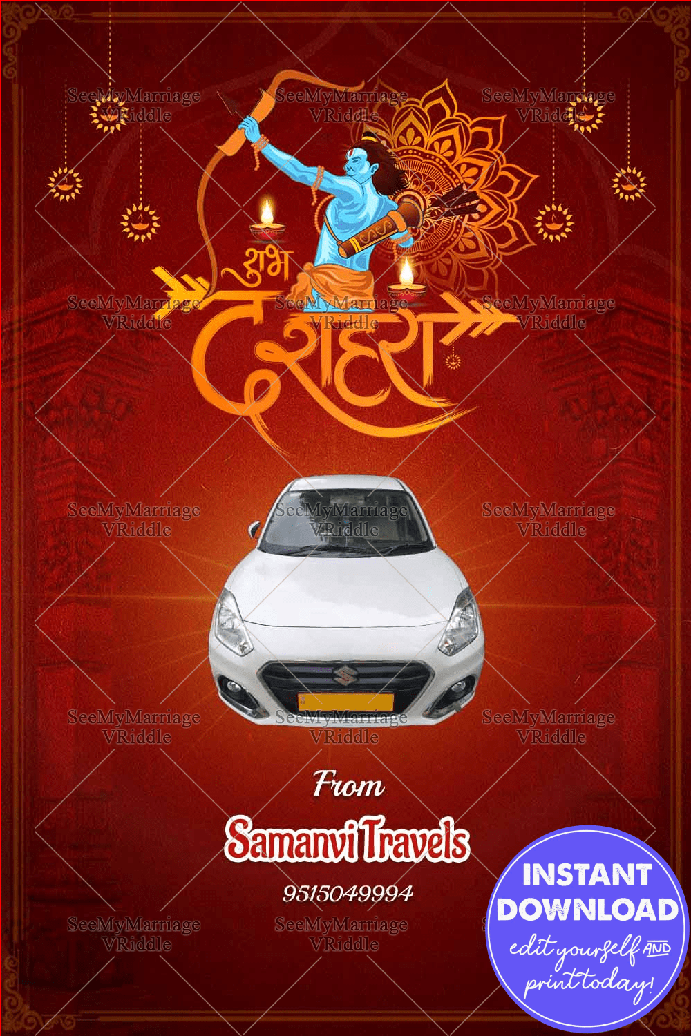 Festive Dussehra Greeting Card Featuring Travels Highlight with Lord Ram Illustration and Traditional Red Backdrop