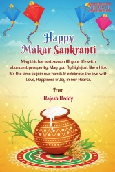 Festive Kites Makar Sankranti Greeting Card with Traditional Pot, Rangoli & Harvest Elements Design
