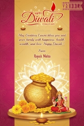Goddess Lakshmi Diwali Greeting Card with Golden Pot of Coins, Marigold Flowers and Glowing Diyas