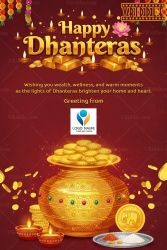 Golden Dhanteras Greeting Card with Coins, Kalash Symbolizing Prosperity and Light