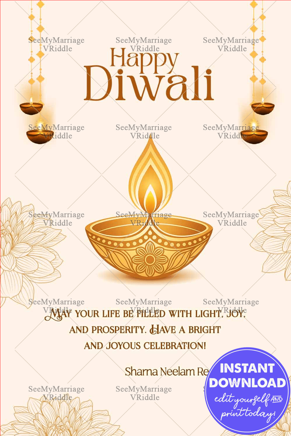 Golden Diya Diwali Greeting Card with Hanging Lamps and Floral Motif with Warm Festive Tones