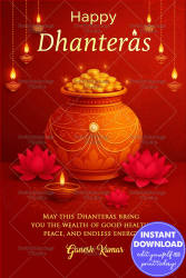 Golden Pot Dhanteras Greeting Card with Lotus Flowers, Diya and Ornate Red Background