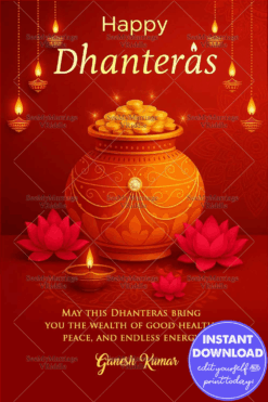 Golden Pot Dhanteras Greeting Card with Lotus Flowers, Diya and Ornate Red Background