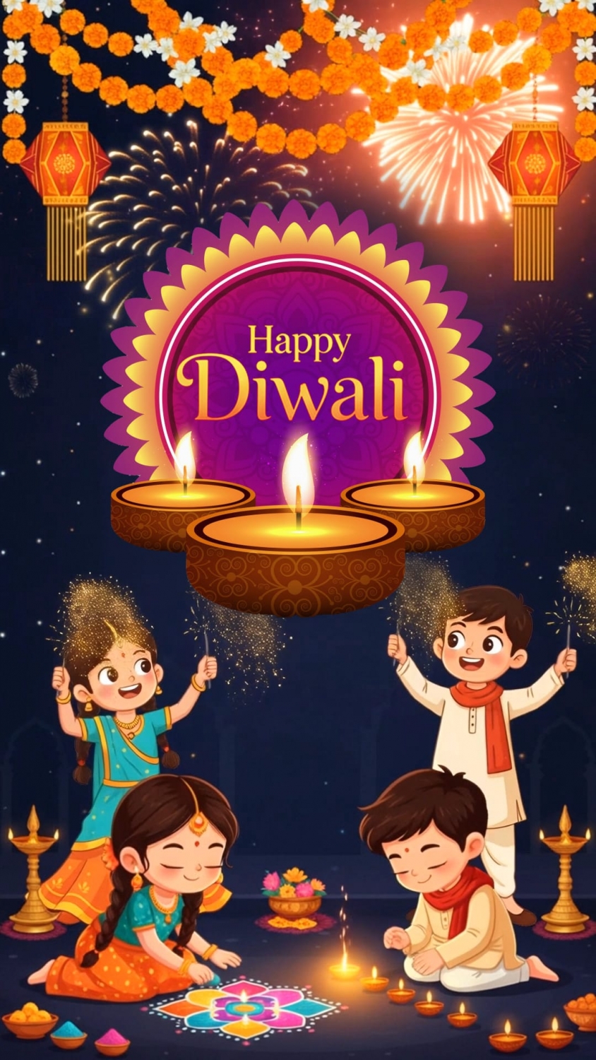 Joyful Kids Diwali Greeting Video with Children Lighting Diyas and Sparkling Fireworks