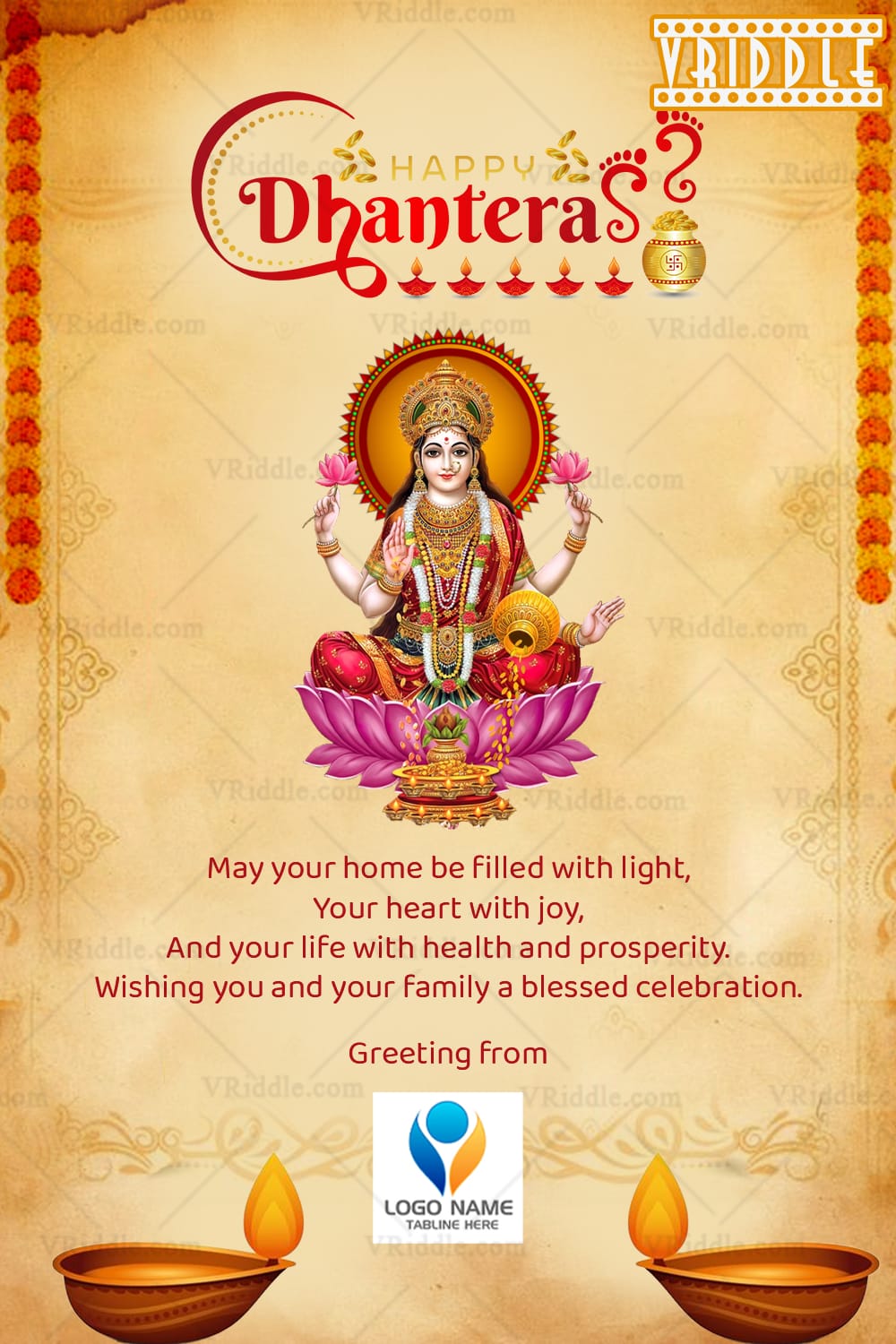 Lakshmi Dhanteras Greeting Card with Traditional Lamps, Golden Kalash and Floral Borders