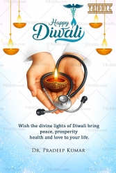 Medical Diwali Greeting Card with Healing Hand and Stethoscope, Diya, Fireworks