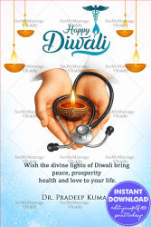 Medical Diwali Greeting Card with Healing Hand and Stethoscope, Diya, Fireworks