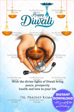 Medical Diwali Greeting Card with Healing Hand and Stethoscope, Diya, Fireworks