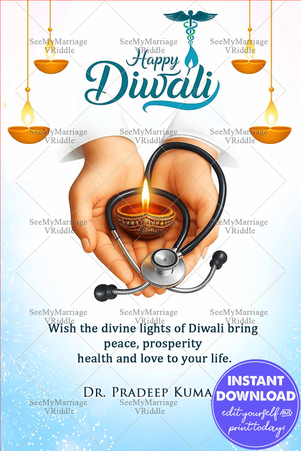 Medical Diwali Greeting Card with Healing Hand and Stethoscope, Diya, Fireworks