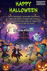 Monster Party Halloween Night Gathering Card with Witch, Vampire, Mummy and Ghost Under a Magical Full Moon Sky