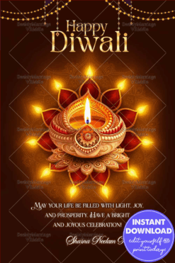 Radiant Diwali Wishes Greeting with Ornate Diya and Mandala Glow In Brown Backdrop