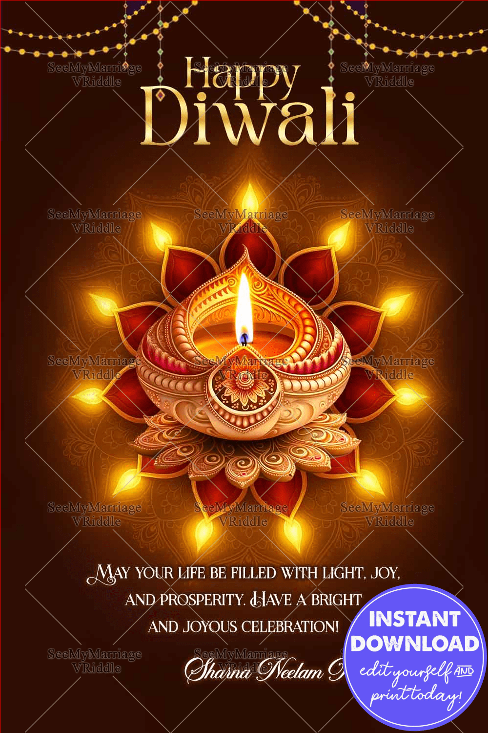 Radiant Diwali Wishes Greeting with Ornate Diya and Mandala Glow In Brown Backdrop
