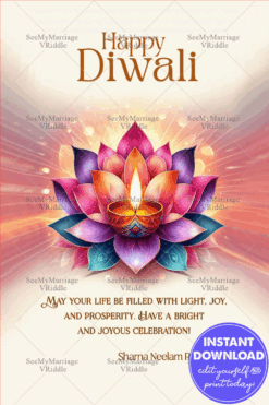 Radiant Lotus Bloom Diwali Greeting Wishes with Glowing Diyas Nestled in White Backdrop