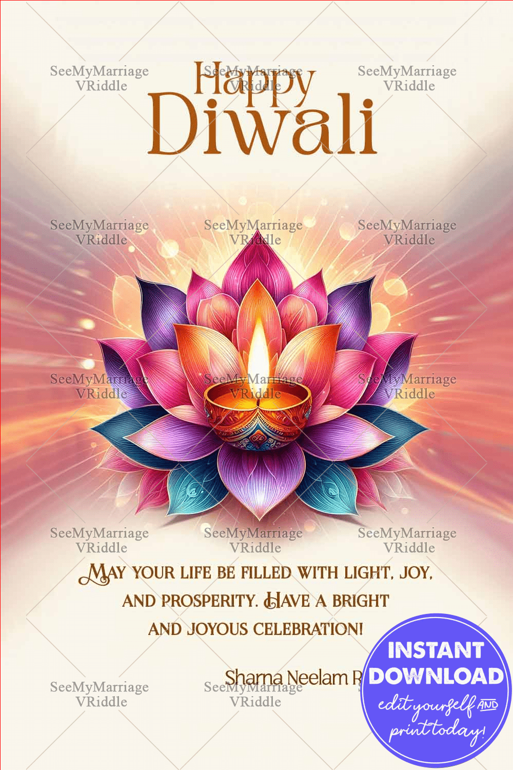 Radiant Lotus Bloom Diwali Greeting Wishes with Glowing Diyas Nestled in White Backdrop