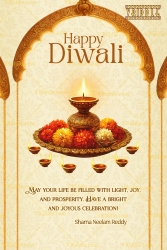 Regal Diwali Greeting Card with Ornate Arch, Golden Diyas, and Floral Rangoli Accents