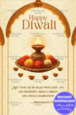 Regal Diwali Greeting Card with Ornate Arch, Golden Diyas, and Floral Rangoli Accents