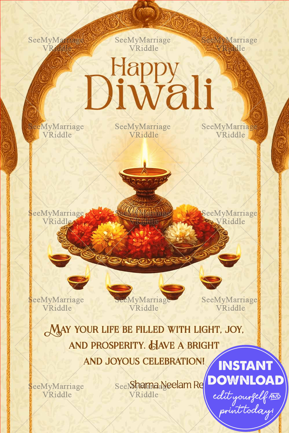 Regal Diwali Greeting Card with Ornate Arch, Golden Diyas, and Floral Rangoli Accents