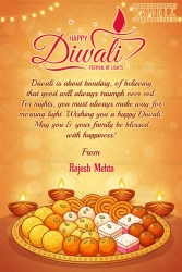 Sweets Themed Diwali Greeting Card with Featuring Decorative Laddus, Diyas and Festive Lights