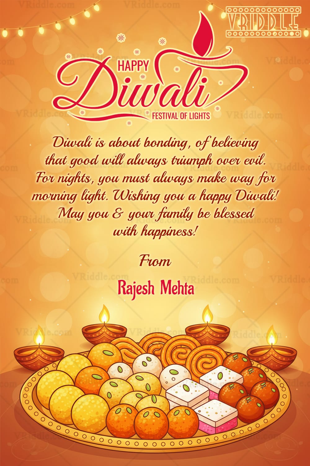 Sweets Themed Diwali Greeting Card with Featuring Decorative Laddus, Diyas and Festive Lights