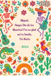 Dancing Skeletons Día de los Muertos Card with Musical Motifs & Colorful Creatures