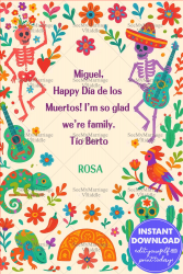 Dancing Skeletons Día de los Muertos Card with Musical Motifs & Colorful Creatures