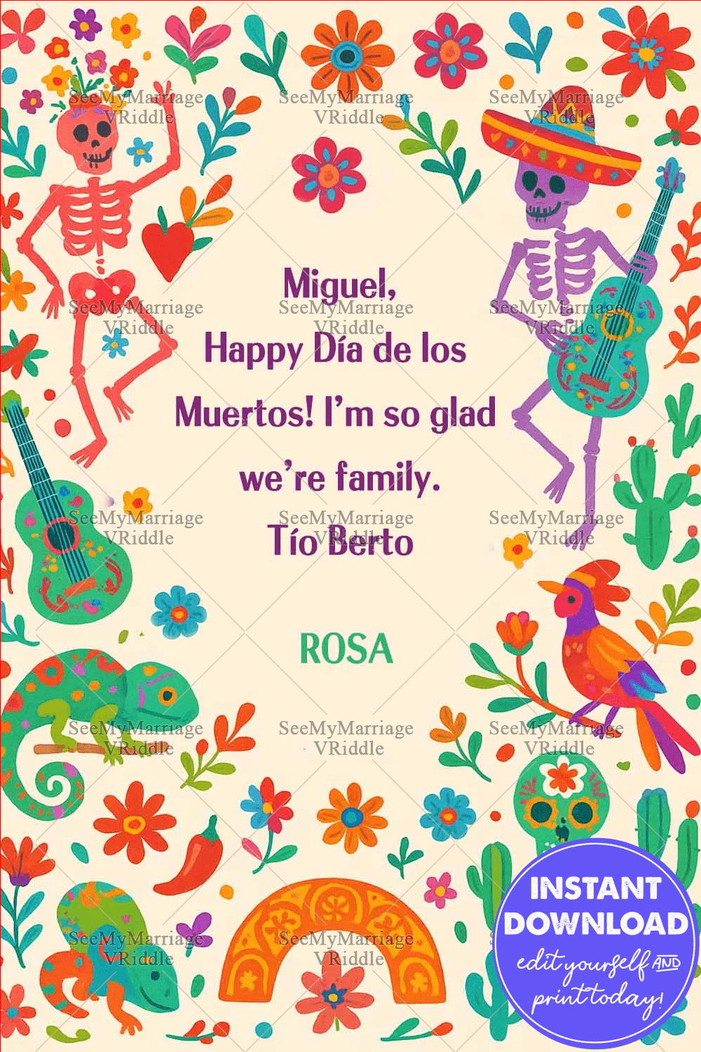 Dancing Skeletons Día de los Muertos Card with Musical Motifs & Colorful Creatures