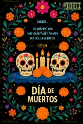 Dancing Skeletons Día de los Muertos Card with Musical Motifs & Colorful Creatures