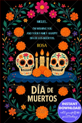 Dancing Skeletons Día de los Muertos Card with Musical Motifs & Colorful Creatures Dancing Skeletons Día de los Muertos Card with Musical Motifs & Colorful Creatures