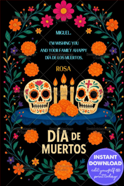 Sugar Skulls Día de Muertos Card with Marigolds & Candlelit Tribute On Black BG