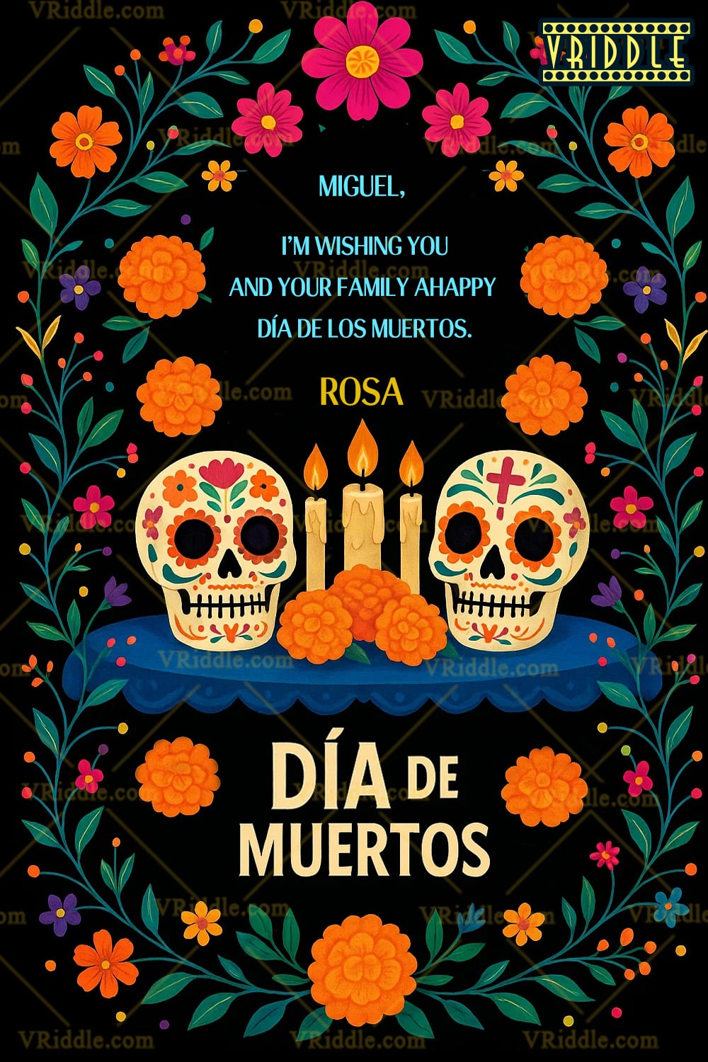 Dancing Skeletons Día de los Muertos Card with Musical Motifs & Colorful Creatures