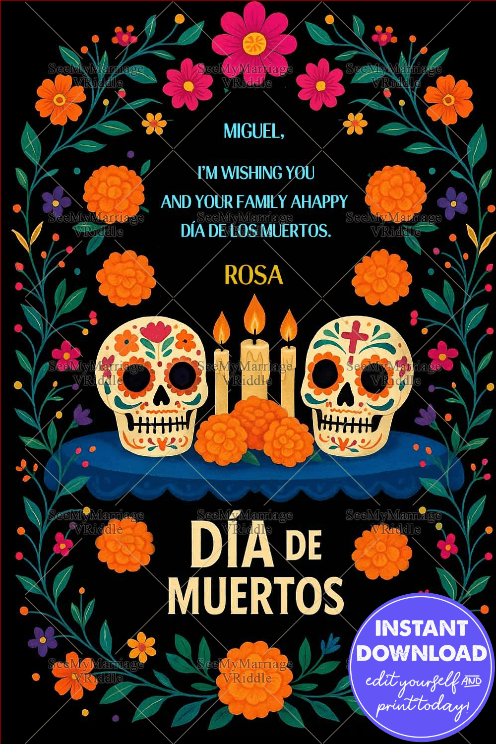 Dancing Skeletons Día de los Muertos Card with Musical Motifs & Colorful Creatures