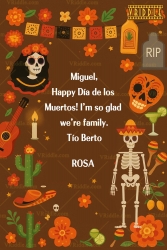 Día de los Muertos Celebration Card with Skeletons, Marigolds & Festive Symbols