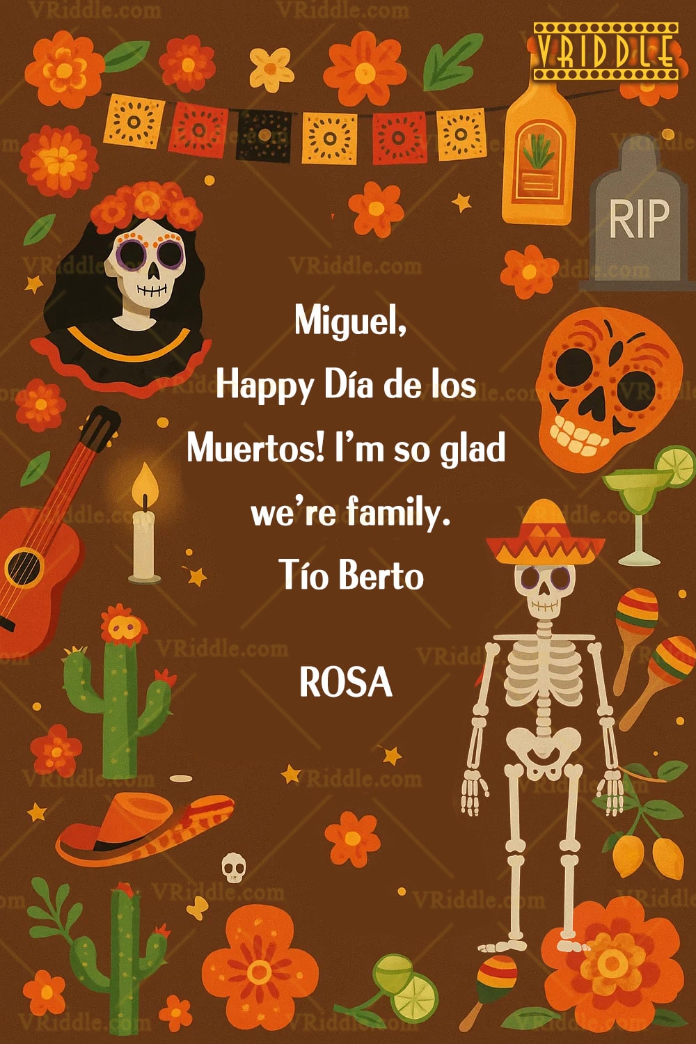 Día de los Muertos Celebration Card with Skeletons, Marigolds & Festive Symbols