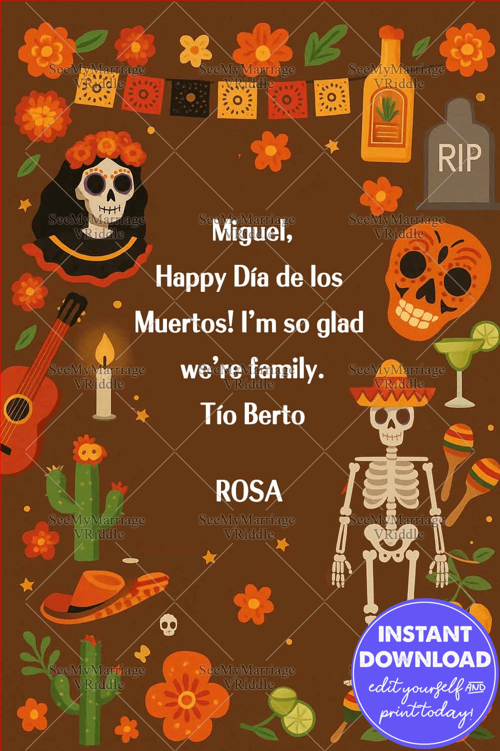Día de los Muertos Celebration Card with Skeletons, Marigolds & Festive Symbols