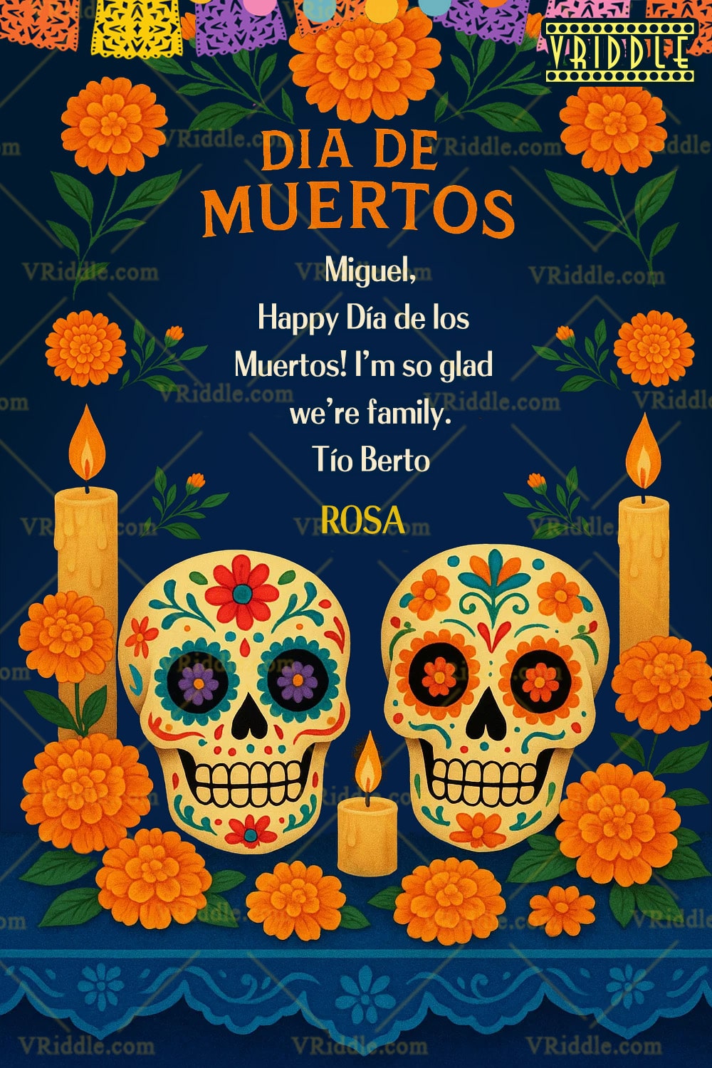 Marigolds Día de Muertos Greeting Card with Sugar Skulls Candlelight