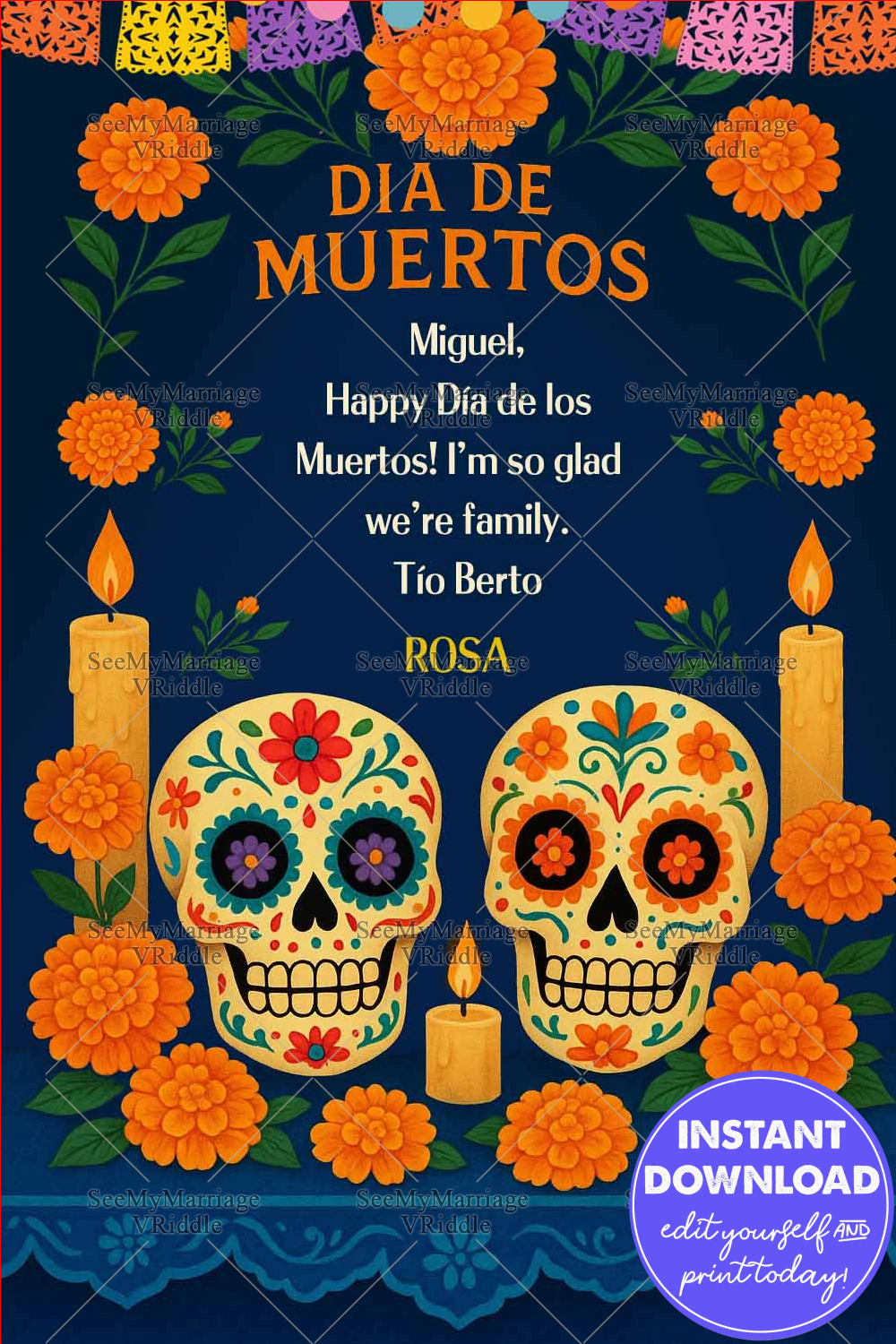 Marigolds Día de Muertos Greeting Card with Sugar Skulls Candlelight