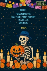 Pumpkin Día de los Muertos Card with Skeleton, Marigolds & Nighttime Papel Picado