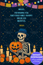 Pumpkin Día de los Muertos Card with Skeleton, Marigolds & Nighttime Papel Picado