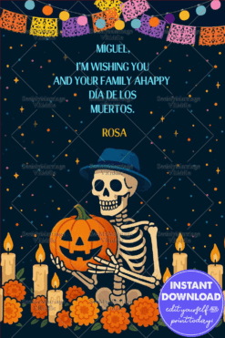 Pumpkin Día de los Muertos Card with Skeleton, Marigolds & Nighttime Papel Picado